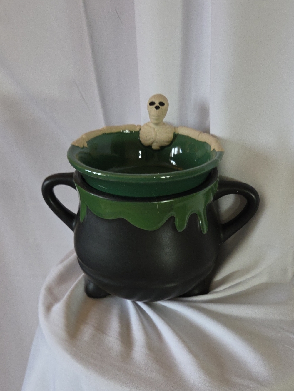 Skeleton Cauldron Ceramic Planter - Black and Green Home Art